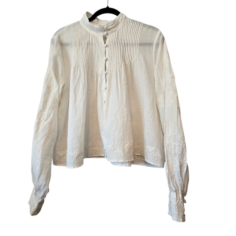 Veronica Beard Amadine Pin Tuck Blouse Women's 12 White Embroidered Victorian